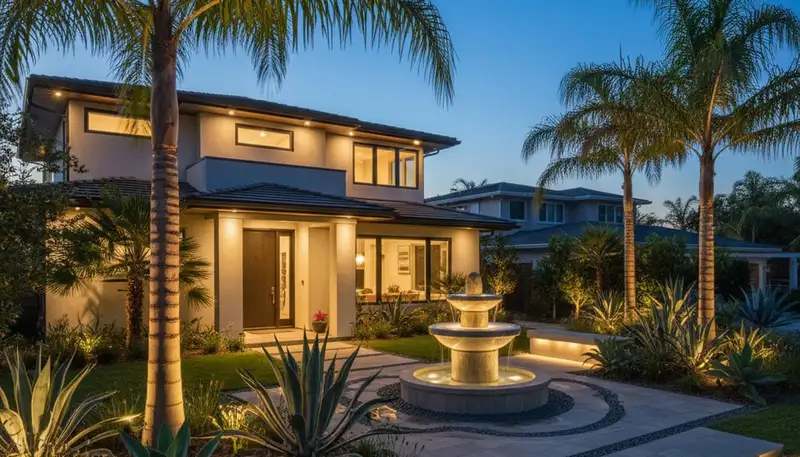 Professional landscape lighting highlighting water features and architecture in Long Beach, CA