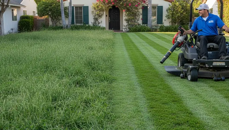 Before and after lawn mowing showing trimmed green grass transformation in Long Beach, CA yard