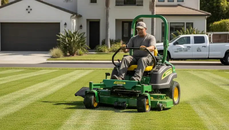 Close-up of evenly cut green grass from professional lawn mowing in Long Beach, CA landscaping service