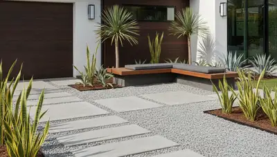 Modern pea gravel landscape with geometric design by Chop Chop Landscaping in Long Beach, CA