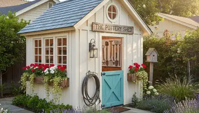Decorative garden shed installation with lush landscape design in Long Beach, CA by Chop Chop Landscaping