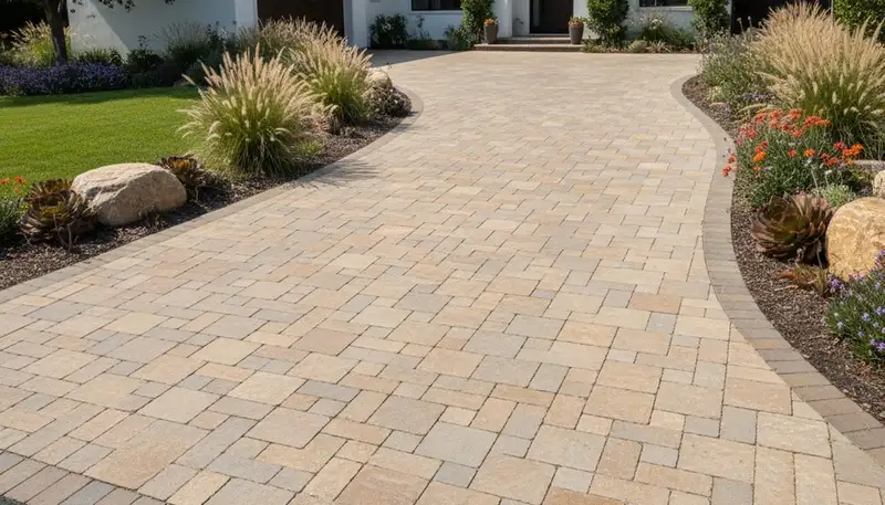 Curved paver driveway with elegant design by landscaping experts in Long Beach, CA