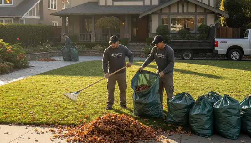 Technicians performing fall leaf cleanup in Long Beach, CA yard with rakes and bags for landscaping service