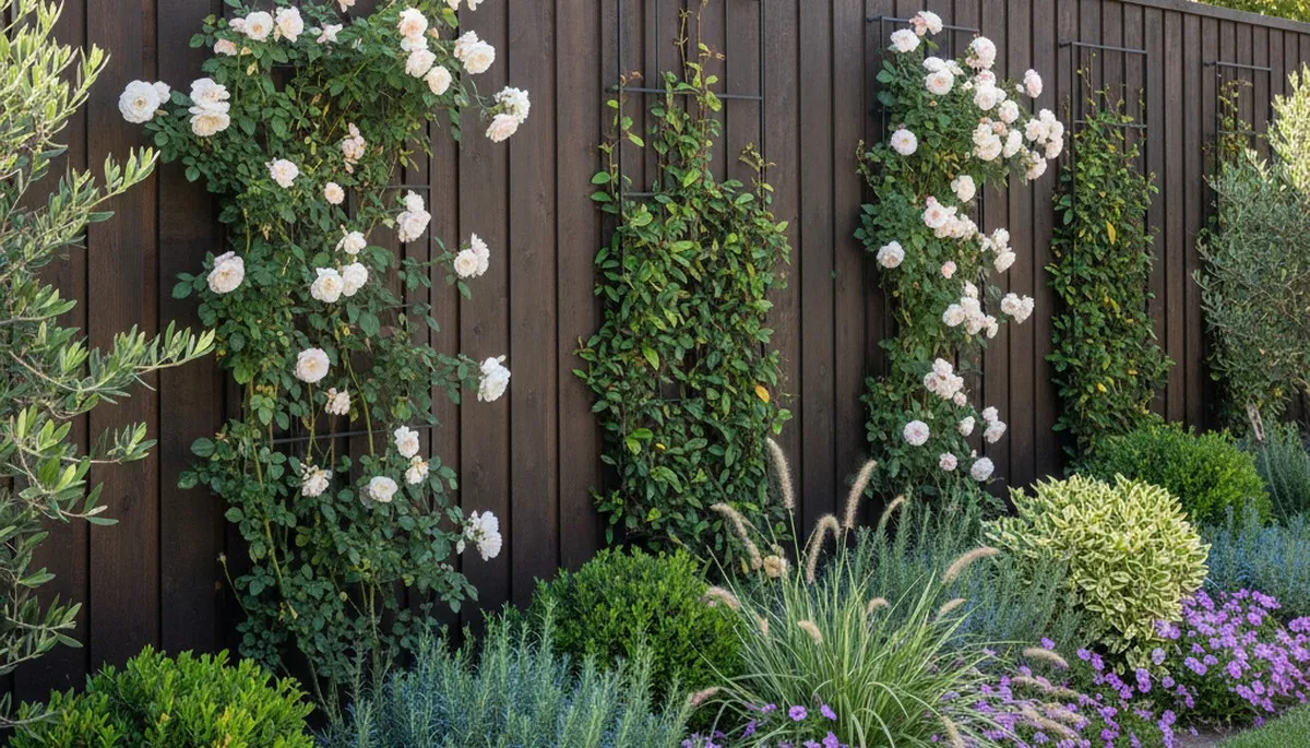 Modern fence with climbing plants and landscape beds by Chop Chop Landscaping in Long Beach, CA