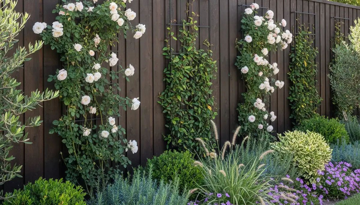 Modern fence with climbing plants and landscape beds by Chop Chop Landscaping in Long Beach, CA