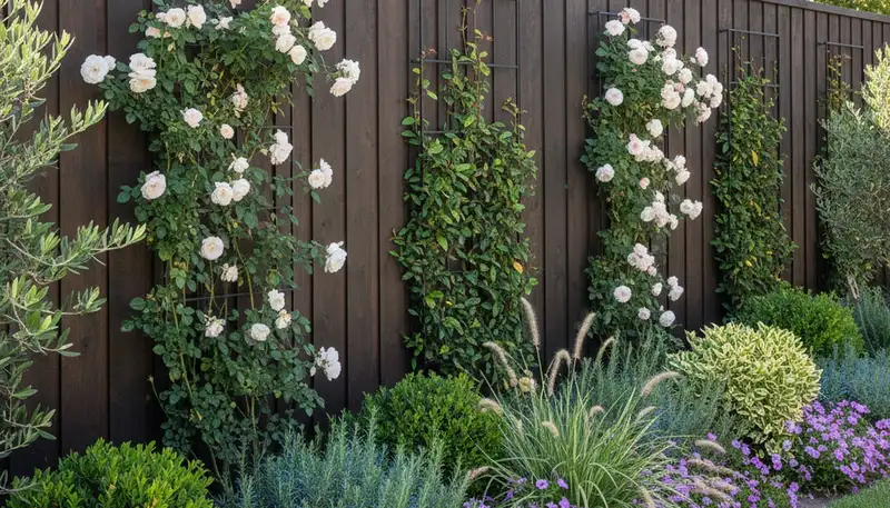 Modern fence with climbing plants and landscape beds by Chop Chop Landscaping in Long Beach, CA