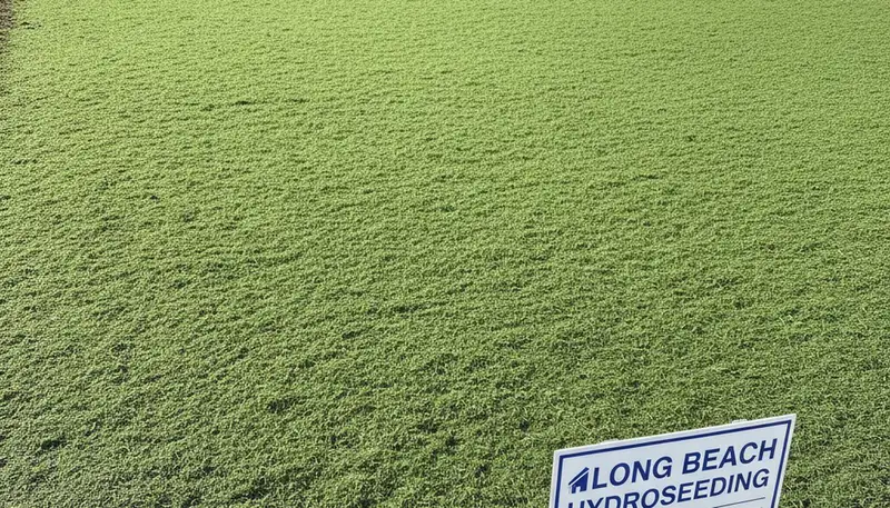 Fresh green hydroseed lawn application in Long Beach, CA showing even soil coverage by Chop Chop Landscaping