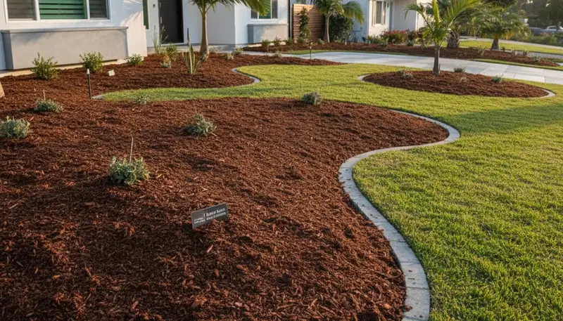 Fresh mulch installation with clean garden bed edges by landscaping pros in Long Beach, CA