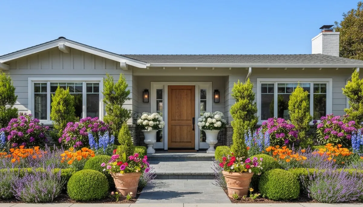 Front yard curb appeal landscaping with colorful flowers and shrubs in Long Beach, CA