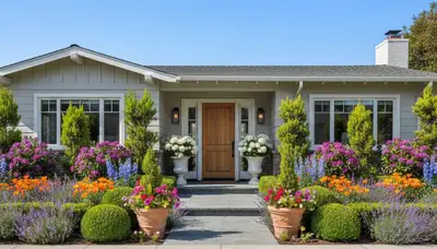 Front yard curb appeal landscaping with colorful flowers and shrubs in Long Beach, CA