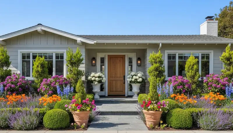 Front yard curb appeal landscaping with colorful flowers and shrubs in Long Beach, CA