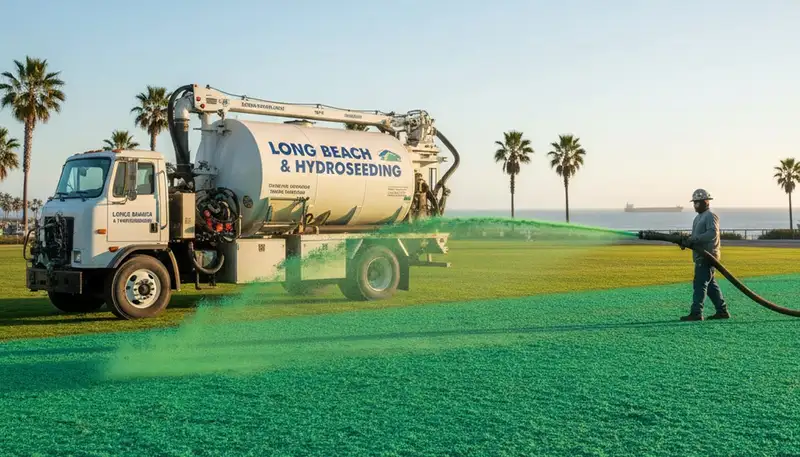 Hydroseeder truck spraying green slurry on lawn in Long Beach, CA for professional landscaping service