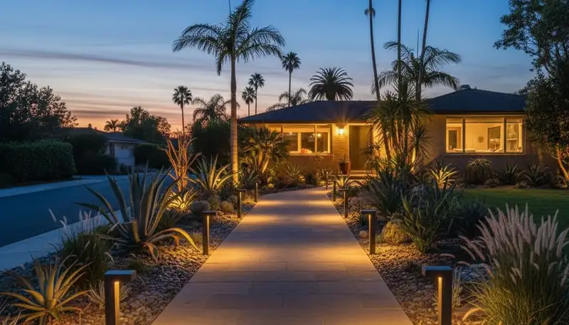 Illuminated residential walkway with path lights at dusk by Chop Chop Landscaping in Long Beach, CA