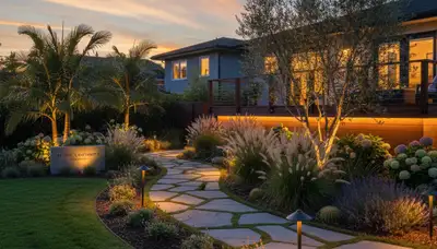 Landscape lighting at dusk highlighting walkways and gardens by Chop Chop Landscaping in Long Beach, CA