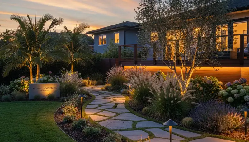 Landscape lighting at dusk highlighting walkways and gardens by Chop Chop Landscaping in Long Beach, CA
