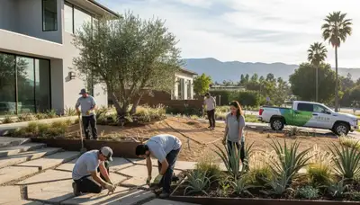 Landscaping team providing yard maintenance services in Long Beach, CA