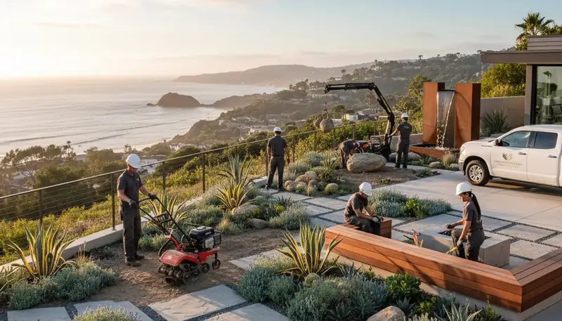 Landscaping crew in Long Beach, CA providing professional yard maintenance and outdoor care