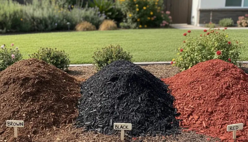 Brown, black, and red mulch variety display for landscaping in Long Beach, CA
