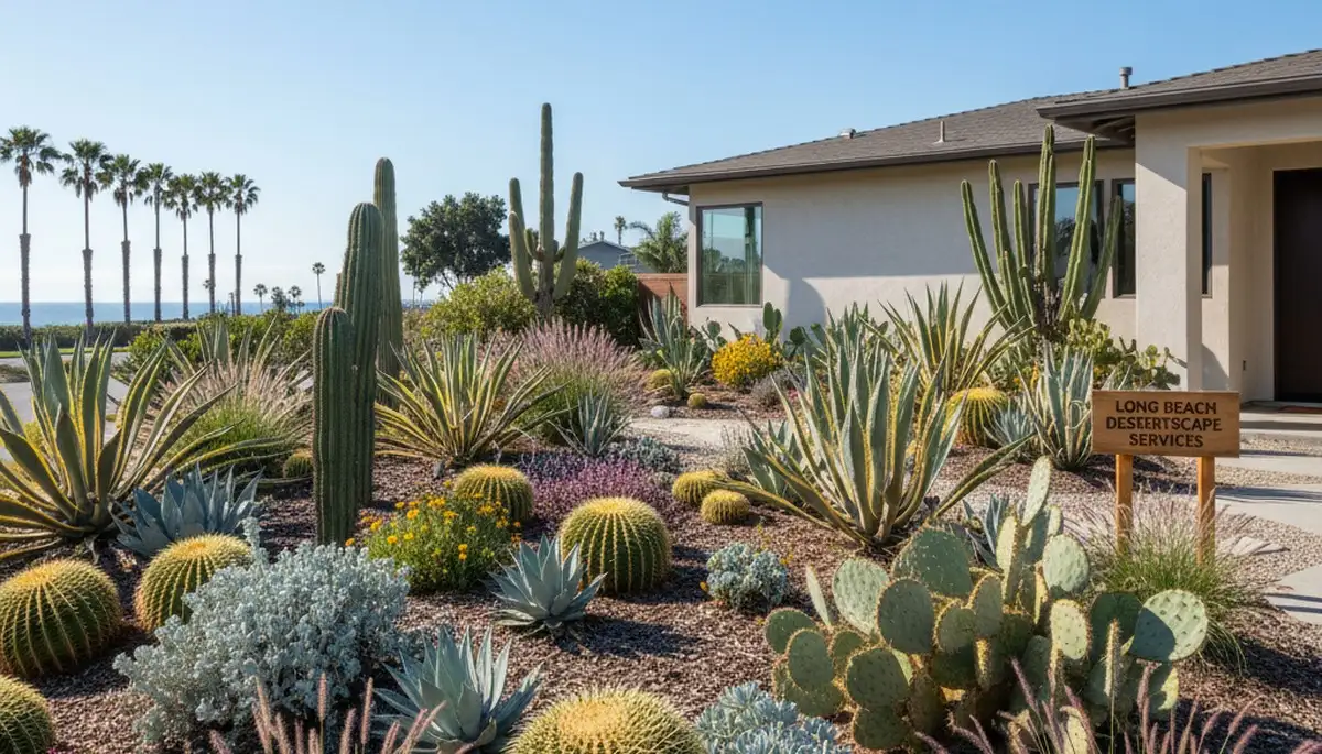 Native desertscape with cacti and succulents by Chop Chop Landscaping in Long Beach, CA