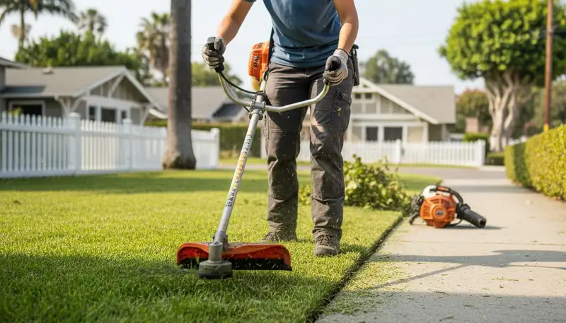 Professional landscaper edge trimming a lawn in Long Beach, CA for precise, polished lawn maintenance
