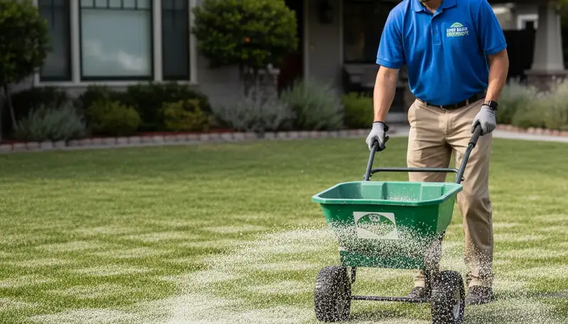 Lawn care technician spreading fertilizer with broadcast spreader in Long Beach, CA residential yard
