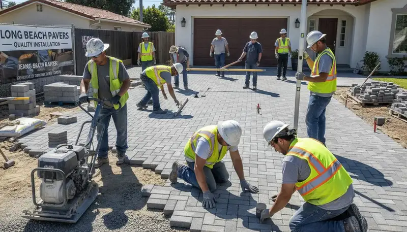 Crew installing driveway pavers in Long Beach, CA with precision leveling and base preparation