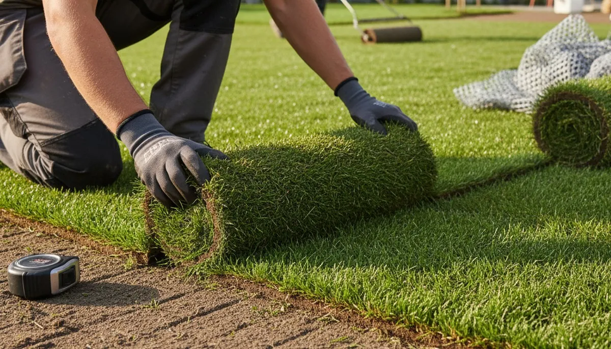Professional landscaper installing sod rolls with precision in Long Beach, CA for lush lawn results