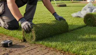 Professional landscaper installing sod rolls with precision in Long Beach, CA for lush lawn results