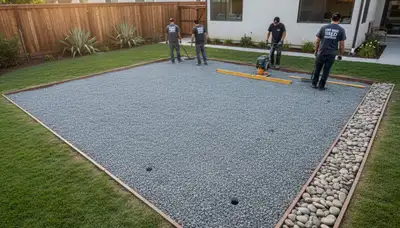 Professional shed foundation base preparation by landscapers in Long Beach, CA