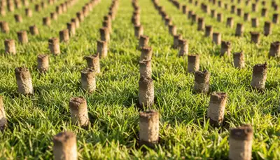 Close-up of lawn aeration soil cores showing professional lawn treatment in Long Beach, CA