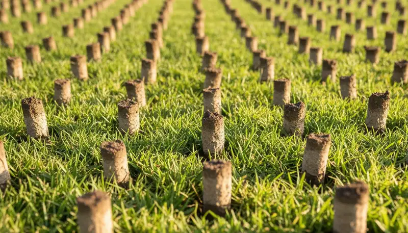 Close-up of lawn aeration soil cores showing professional lawn treatment in Long Beach, CA