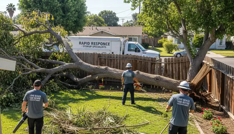 Storm damage yard cleanup by Chop Chop Landscaping technicians in Long Beach, CA restoring property safety