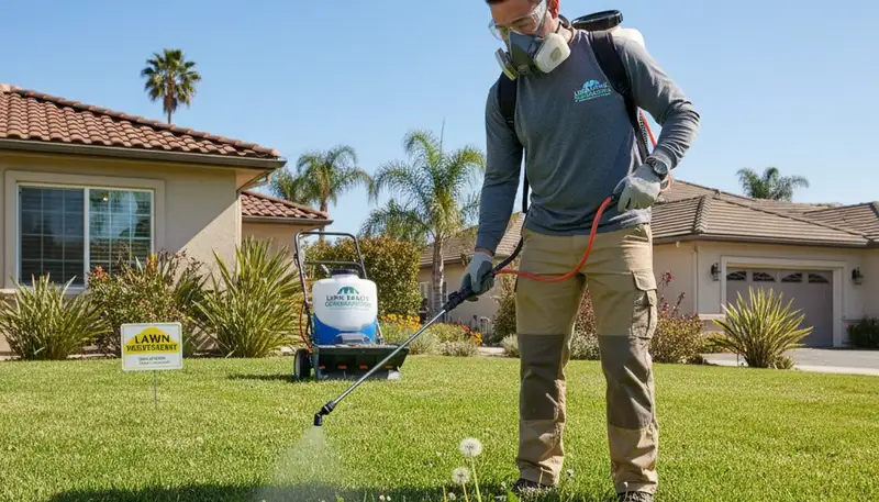 Lawn care expert applying targeted weed control treatment in Long Beach, CA with precision sprayer