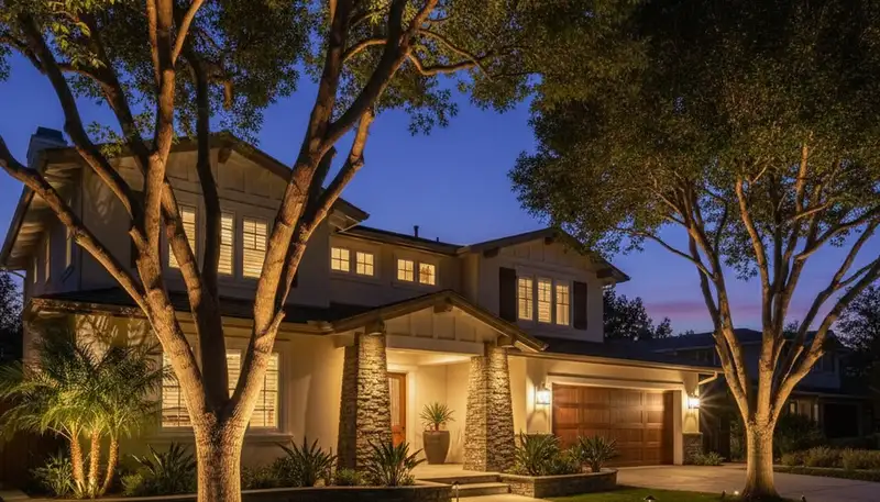 Mature trees with professional uplighting at night by Chop Chop Landscaping in Long Beach, CA
